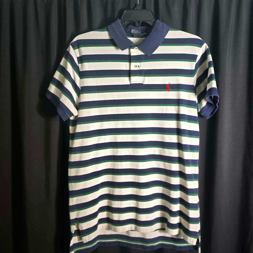 Polo Ralph Lauren Mens Custom Fit Striped Polo Shirt Navy Green White Size M